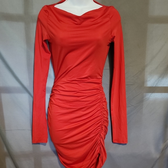 Red Ruched Long Sleeve Bodycon Dress - Picture 1 of 8